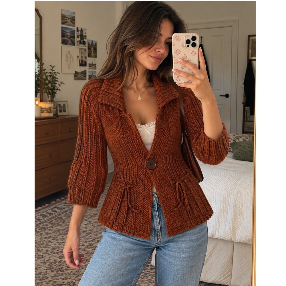 One Girl Who Burnt Orange Chunky Knit Single Button Cardigan Sweater Medium